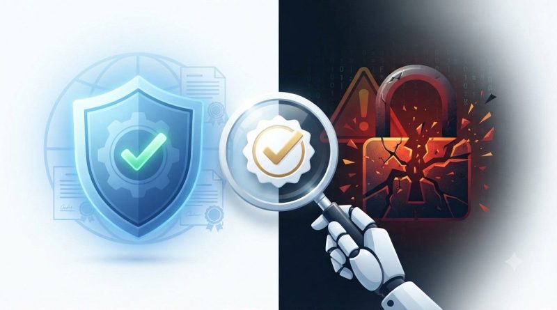 A split-composition illustration showing a blue shield of compliance on the left, symbolizing regulated gaming, and a red shattered padlock on the right, symbolizing the risks of unregulated offshore betting sites, with a magnifying glass held by a robotic hand focusing on a verification badge in the center.