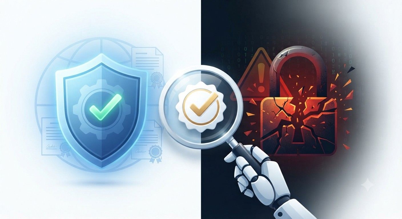A split-composition illustration showing a blue shield of compliance on the left, symbolizing regulated gaming, and a red shattered padlock on the right, symbolizing the risks of unregulated offshore betting sites, with a magnifying glass held by a robotic hand focusing on a verification badge in the center.