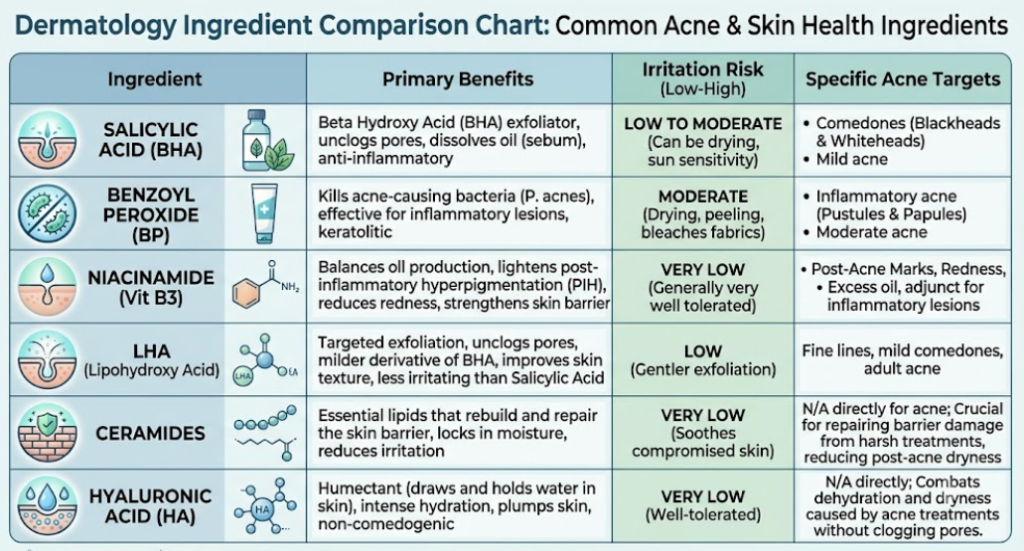 Acne-fighting ingredients compared by benefits and irritation potential.