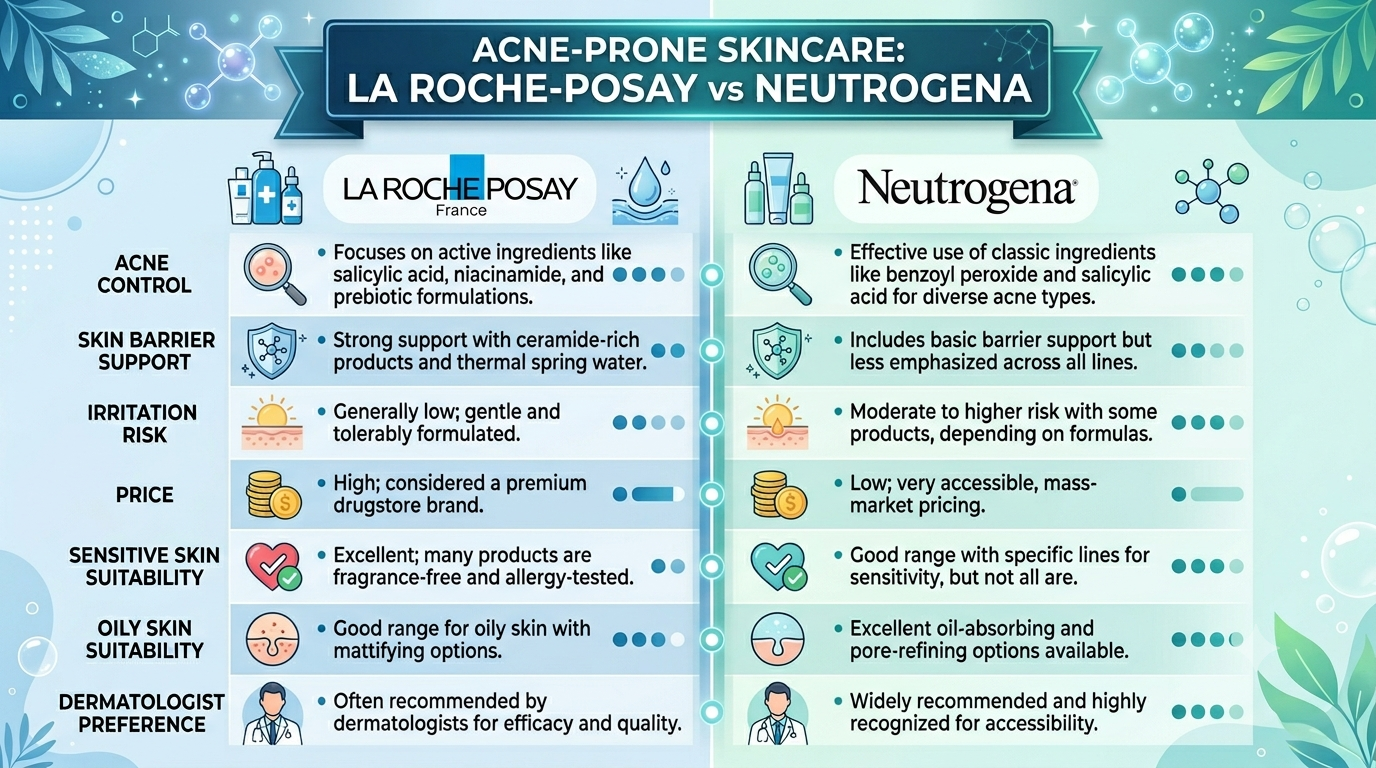 Comparison of La Roche-Posay and Neutrogena for acne-prone skin.